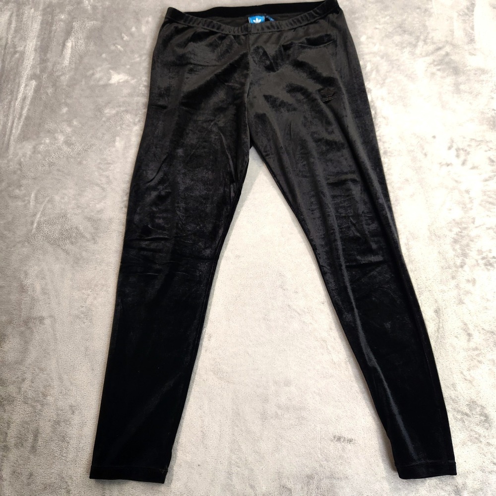 Adidas Velvet Leggings Womens L Black Trefoil Logo Velour Track Pants Athleisure